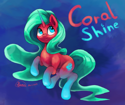 Size: 3603x3035 | Tagged: safe, artist:ryanmandraws, oc, oc only, oc:coral shine, pony, unicorn, colorful, cute, female, flowing mane, flowing tail, glowing, high res, long hair, mare, ocean, swimming, tail, underwater, water