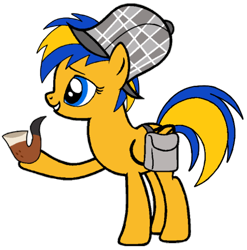 Size: 600x607 | Tagged: safe, artist:noi kincade, oc, oc only, oc:flare spark, pegasus, pony, g4, mmmystery on the friendship express, bag, bubble pipe, deerstalker, detective, female, hat, pipe, saddle bag, sherlock holmes, simple background, solo, transparent background