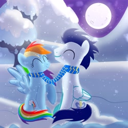 Size: 2300x2300 | Tagged: safe, artist:mlplary6, rainbow dash, soarin', pegasus, pony, g4, boyfriend and girlfriend, clothes, eyes closed, female, high res, love, male, mare, moon, moonlight, night, scarf, shared clothing, shared scarf, ship:soarindash, shipping, sitting, snow, snowfall, stallion, straight, striped scarf, winter