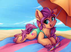 Size: 1375x999 | Tagged: safe, artist:zeepheru_pone, sunny starscout, earth pony, pony, g5, atg 2023, beach, beach umbrella, cheek fluff, chest fluff, clothes, cloud, cute, day, ear fluff, female, floppy ears, fluffy, looking at you, lying down, mane stripe sunny, mare, newbie artist training grounds, ocean, one ear down, one-piece swimsuit, open mouth, open smile, outdoors, prone, sky, smiling, smiling at you, solo, summer, sunnybetes, swimsuit, towel, umbrella, unshorn fetlocks, water
