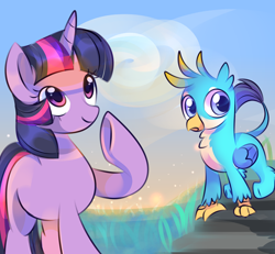 Size: 4000x3700 | Tagged: artist needed, source needed, safe, gallus, twilight sparkle, griffon, pony, unicorn, g4, cloud, duo, female, male, sky, teenager, unicorn twilight, younger, younger gallus