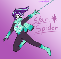 Size: 1996x1930 | Tagged: safe, artist:hayley566, starlight glimmer, human, equestria girls, g4, alternate hairstyle, boots, clothes, female, gloves, gradient background, male, marvel, mask, scarf, shoes, solo, spider web, spider-man, spider-sona, spider-verse, superhero, superhero costume