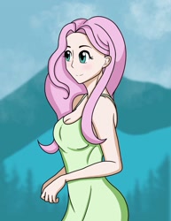 Size: 1275x1650 | Tagged: safe, artist:breezybl97, fluttershy, human, g4, blushing, clothes, cute, dress, female, humanized, shyabetes, solo, tree
