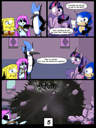 Size: 7500x10000 | Tagged: safe, artist:chedx, twilight sparkle, alicorn, pony, comic:learning with pibby glitch battles, g4, comic, commission, crossover, explosion, male, mordecai, pibby, regular show, sonic the hedgehog, sonic the hedgehog (series), spongebob squarepants, twilight sparkle (alicorn)