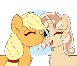 Size: 600x514 | Tagged: safe, artist:lulubell, applejack, oc, oc:lulubell, earth pony, pony, unicorn, g4, canon x oc, cheek kiss, cute, duo, freckles, horn, jackabetes, kissing, open mouth, open smile, shipping, smiling, unicorn oc