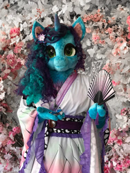 Size: 902x1200 | Tagged: safe, artist:essorille, misty brightdawn, unicorn, anthro, g5, beautiful, clothes, fan, fursuit, hand fan, irl, kimono (clothing), photo, ponysuit, solo