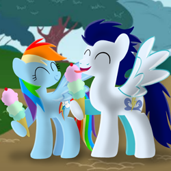 Size: 1400x1400 | Tagged: safe, artist:mlplary6, rainbow dash, soarin', pegasus, pony, g4, ^^, boyfriend and girlfriend, duo, eating, eyes closed, female, food, ice cream, ice cream cone, male, mare, ship:soarindash, shipping, smiling, stallion, straight