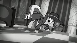 Size: 600x338 | Tagged: safe, artist:noi kincade, sunset shimmer, pony, unicorn, g4, rarity investigates, black and white, clothes, detective, detective shimmer, fedora, grayscale, hat, magnifying glass, monochrome, noir, solo, trenchcoat