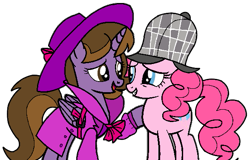 Size: 587x375 | Tagged: safe, artist:muhammad yunus, pinkie pie, oc, oc:princess kincade, alicorn, earth pony, pony, g4, clothes, deerstalker, detective, duo, duo female, fedora, female, hat, sherlock pie, simple background, transparent background, trenchcoat