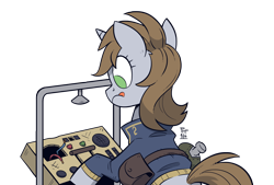 Size: 2134x1446 | Tagged: safe, artist:php104, oc, oc only, oc:littlepip, pony, unicorn, fallout equestria, bag, clothes, female, jumpsuit, mare, saddle bag, simple background, solo, tongue out, transparent background, vault suit