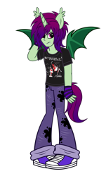 Size: 2050x3388 | Tagged: safe, artist:mxmx fw, oc, oc:midnight ray, human, equestria girls 10th anniversary, equestria girls, g4, bat wings, clothes, converse, denim, distressed, ear fluff, emo, eyeliner, fangs, frown, gloves, hair over one eye, high res, horn, horned humanization, humanized, jeans, makeup, male, male oc, my chemical romance, paint, paint splatter, pants, ponied up, sad, shirt, shoes, show accurate, shy, simple background, solo, spread wings, tail, transparent background, wings