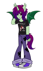 Size: 2050x3388 | Tagged: safe, artist:k0br4, oc, oc:midnight ray, human, equestria girls 10th anniversary, equestria girls, g4, bat wings, clothes, converse, denim, distressed, ear fluff, emo, eyeliner, fangs, frown, gloves, hair over one eye, high res, horn, horned humanization, humanized, jeans, makeup, male, male oc, my chemical romance, paint, paint splatter, pants, ponied up, sad, shirt, shoes, show accurate, shy, simple background, solo, spread wings, tail, transparent background, wings