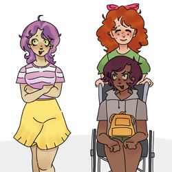 Size: 1280x1280 | Tagged: safe, artist:ghostbbee, apple bloom, scootaloo, sweetie belle, human, g4, clothes, cutie mark crusaders, dark skin, disabled, female, freckles, humanized, simple background, skirt, smiling, trio, wheelchair, white background