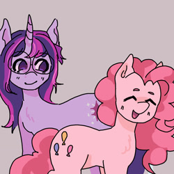 Size: 1280x1280 | Tagged: safe, artist:ghostbbee, pinkie pie, twilight sparkle, earth pony, pony, unicorn, g4, duo, eyes closed, female, glasses, lesbian, mare, ship:twinkie, shipping, simple background, smiling, unicorn twilight