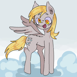 Size: 1280x1280 | Tagged: safe, artist:ghostbbee, derpy hooves, pegasus, pony, g4, cloud, open mouth, simple background, smiling, solo, spread wings, standing, white background, wings