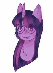 Size: 714x974 | Tagged: safe, artist:ghostbbee, twilight sparkle, pony, unicorn, g4, bust, chest fluff, female, glasses, mare, simple background, solo, white background