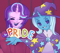 Size: 750x664 | Tagged: safe, artist:ghostbbee, starlight glimmer, trixie, unicorn, anthro, g4, bust, cape, clothes, duo, eyes closed, hat, open mouth, pride, pride month, smiling, text, wizard hat