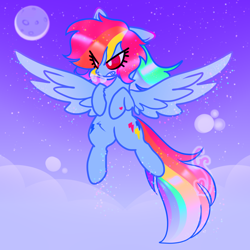 Size: 1354x1354 | Tagged: safe, artist:cutiesparke, rainbow dash, pegasus, pony, g4, alternate design, alternate hairstyle, alternate universe, angry, annoyed, belly fluff, chest fluff, cloud, ethereal mane, female, flying, moon, saturated, snorting, solo, spread wings, starry mane, starry sky, starry tail, tail, wings