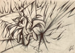 Size: 3732x2646 | Tagged: safe, artist:lydia, oc, oc:painting broken, pony, female, high res, monochrome, pencil drawing, running, shocked, traditional art