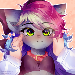 Size: 700x700 | Tagged: safe, artist:mas_on_, oc, oc only, oc:blazey sketch, human, pony, blushing, bow, cheek squish, clothes, collar, hair bow, human on pony petting, multicolored hair, pet collar, petting, pony pet, simple background, solo, squishy cheeks, sweater
