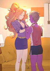 Size: 2480x3508 | Tagged: safe, artist:amazingpuffhair, adagio dazzle, oc, oc:peach cobbler, human, comic:we will be adored, g4, alternate hairstyle, canon x oc, clothes, collar, duo, duo male and female, female, high res, humanized, male, peadagio, shipping, skirt, straight, submissive