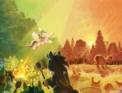 Size: 2668x2040 | Tagged: safe, artist:natalie haines, edit, idw, official comic, pipp petals, zipp storm, earth pony, pegasus, pony, unicorn, g5, official, spoiler:comiccampbighoof2, butt, camp bighoof, campfire, comic, comic cover, eyes closed, female, flying, food, forest, high res, jewelry, male, mare, marshmallow, nature, open mouth, open smile, plot, ponified, reference, ring, smiling, sonic the hedgehog, sonic the hedgehog (series), tree, unshorn fetlocks, wings