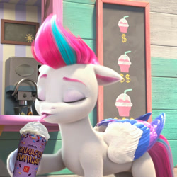 Size: 750x750 | Tagged: safe, edit, edited screencap, screencap, zipp storm, pegasus, pony, g5, my little pony: make your mark, my little pony: make your mark chapter 4, the jinxie games, spoiler:g5, cropped, drink, female, grimace shake, mare, meme, milkshake, solo, this will end in death, this will end in pain, this will not end well