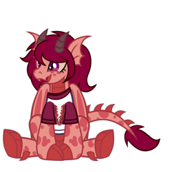 Size: 2045x2045 | Tagged: safe, artist:k0br4, oc, oc only, oc:flare blaze, dracony, dragon, hybrid, pony, barb, claws, clothes, fangs, female, folded wings, happy, high res, horns, mare, shirt, show accurate, simple background, sitting, smiling, solo, spikes, transparent background, wings