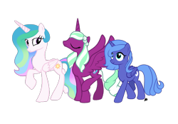 Size: 2360x1640 | Tagged: safe, artist:reececup11, opaline arcana, princess celestia, princess luna, alicorn, pony, g5, my little pony: make your mark, my little pony: make your mark chapter 4, female, folded wings, mare, royal sisters, royalty, s1 luna, siblings, simple background, sisters, spread wings, transparent background, trio, wings