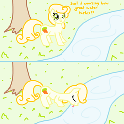 Size: 1000x1000 | Tagged: safe, artist:purblehoers, carrot top, golden harvest, earth pony, pony, g4, 2 panel comic, comic, drinking, excited, eyes closed, female, grass, happy, horses doing horse things, leaning forward, looking at you, mare, ms paint, river, smiling, solo, standing, stream, text, tongue out, tree, water