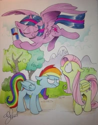 Size: 743x949 | Tagged: safe, artist:andy price, fluttershy, rainbow dash, twilight sparkle, alicorn, pegasus, pony, g4, andy you magnificent bastard, drink, energy drink, female, floppy ears, flying, large wings, mare, red bull, red bull gives you wings, smuglight sparkle, spread wings, traditional art, trio, twilight sparkle (alicorn), wings