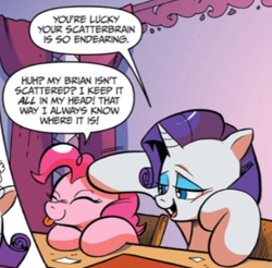 Size: 407x401 | Tagged: safe, artist:andy price, idw, pinkie pie, rarity, earth pony, pony, unicorn, friendship is magic #42, g4, my little pony: friendship is magic (idw), cute, diapinkes, head pat, pat, tongue out