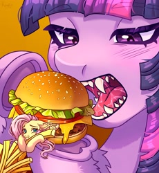 Size: 3765x4096 | Tagged: safe, artist:konejo, fluttershy, twilight sparkle, pegasus, pony, g4, blushing, burger, drool, dubious consent, duo, eating, fangs, female, food, french fries, hoof hold, imminent vore, mare, meat, omnivore, omnivore twilight, open mouth, ponies eating meat, ponies in food, sharp teeth, size difference, teeth, that pony sure does love burgers, tiny, tiny ponies, twilight burgkle