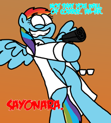 Size: 3023x3351 | Tagged: safe, artist:professorventurer, rainbow dash, pony, fanfic:rainbow factory, series:ask pippamena: bonus content, g4, aiming, crazy face, dutch angle, faic, fanfic art, glock, gun, high res, insanity, pistol, rainbow factory dash, weapon