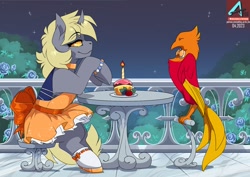 Size: 1100x778 | Tagged: safe, artist:arctic-fox, oc, changeling, phoenix, changeling oc, clothes, date night, dress, duo, horn, skirt