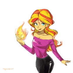 Size: 2048x2048 | Tagged: safe, artist:sugarcube269, sunset shimmer, human, equestria girls, g4, female, fiery shimmer, fire, high res, pyromancy, simple background, solo, white background