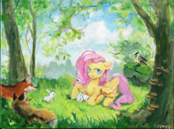 Size: 1280x954 | Tagged: safe, artist:laymy, fluttershy, bird, fox, pegasus, pony, rabbit, g4, acrylic painting, animal, canvas, female, floppy ears, forest, lying down, mare, prone, smiling, solo, texture, traditional art