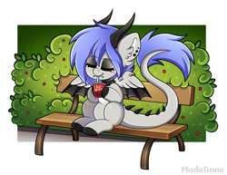 Size: 4309x3331 | Tagged: safe, artist:madelinne, oc, oc only, oc:melody silver, dracony, dragon, hybrid, bench, chibi, collar, drinking, hybrid wings, leaves, sitting, solo, straw, wings