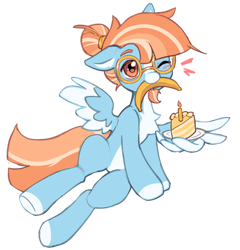 Size: 1280x1336 | Tagged: safe, artist:astralblues, oc, oc only, oc:solstice breeze, pony, banana, cake, food, glasses, herbivore, male, male oc, one eye closed, simple background, solo, stallion, transparent background, wing hands, wings, wink