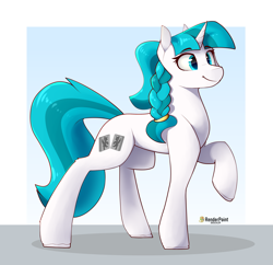 Size: 3307x3200 | Tagged: safe, artist:renderpoint, oc, oc only, oc:absolvia, pony, unicorn, concave belly, female, gradient background, high res, raised hoof, solo, standing