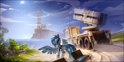 Size: 4391x2208 | Tagged: safe, artist:ramiras, oc, oc:rainshadow, pegasus, pony, camouflage, clothes, computer, lighthouse, military uniform, missile launcher, ocean, solo, truck, uniform, vehicle, water, weapon