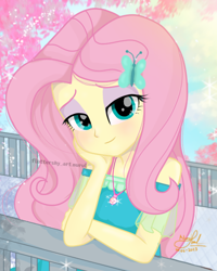 Size: 598x748 | Tagged: safe, artist:fluttershy_art.nurul, fluttershy, human, equestria girls, g4, angelic, art, beautiful, beautiful eyes, butterfly hairpin, cherry blossoms, cute, eyeshadow, fanart, female, flower, flower blossom, fluttershy boho dress, geode of fauna, hairpin, ibispaint x, japanese, looking at you, magical geodes, makeup, photo, pink hair, shyabetes, signature, smiling, smiling at you, solo, spring, tokyo, watermark, wholesome