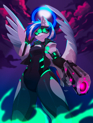 Size: 3468x4624 | Tagged: safe, artist:hakkids2, oc, oc only, oc:paperweight, pegasus, anthro, armor, cyberpunk, ear fluff, ears, feathered wings, female, full moon, goggles, halo, laser, moon, multicolored hair, night, night sky, night vision goggles, nostrils, pegasus wings, science fiction, short hair, sky, smiling, smirk, snout, solo, spread wings, wings