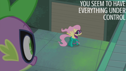 Size: 2000x1125 | Tagged: safe, edit, edited screencap, editor:quoterific, screencap, fluttershy, saddle rager, spike, dragon, pegasus, pony, g4, power ponies (episode), humdrum costume, power ponies
