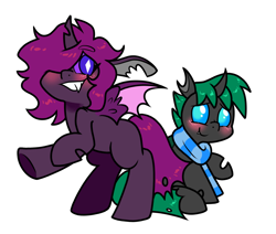 Size: 1300x1100 | Tagged: safe, artist:paperbagpony, oc, oc only, oc:chirp, oc:pantera, changeling, blushing, changeling oc, clothes, green changeling, purple changeling, scarf, simple background, white background