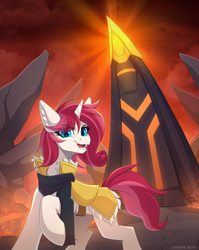 Size: 2160x2720 | Tagged: safe, artist:strafe blitz, oc, oc only, oc:haemella, pony, unicorn, armor, cel shading, clothes, eye clipping through hair, eyebrows, eyebrows visible through hair, eyelashes, high res, open mouth, raised hoof, scarf, scenery, shading, signature, solo, spire, standing, teeth, turned head, wasteland