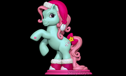 Size: 1760x1063 | Tagged: safe, minty, earth pony, pony, g3, 3d, 3d model, black background, bow, christmas, cute, hat, holiday, hoof heart, santa hat, simple background, sock hat, sock on head, solo, tail, tail bow, underhoof