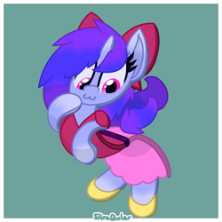 Size: 2000x2000 | Tagged: safe, artist:silvaqular, oc, oc:qular, pony, unicorn, belt, bow, cartoon physics, clothes, female, flat, flattened, flattening, high res, mare, multicolored hair, multicolored mane, outfit, shirt, shoes, skirt, solo, wobble, wobbling