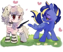 Size: 512x425 | Tagged: safe, artist:panrcillo_jelly, oc, oc only, oc:raawrs, oc:shining trophy, earth pony, pegasus, pony, bandaid, bandaid on nose, clothes, duo, looking at each other, looking at someone, simple background