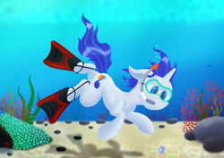 Size: 3508x2480 | Tagged: safe, artist:samenandsam, oc, oc only, oc:sound shiver, crab, pony, unicorn, algae, bottom, bubble, concave belly, coral, crepuscular rays, flippers (gear), flowing mane, flowing tail, high res, horn, looking down, male, mask, ocean, pearl, sand, seaweed, stallion, sunlight, swimming, tail, underwater, unicorn oc, water